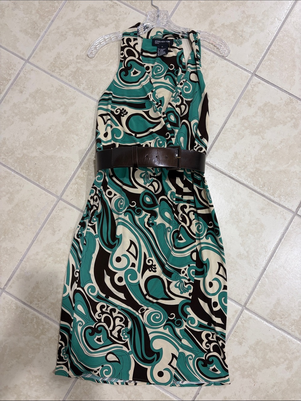 Jones New York Teal, Cream & Black Swirl Print Sleeveless Dress